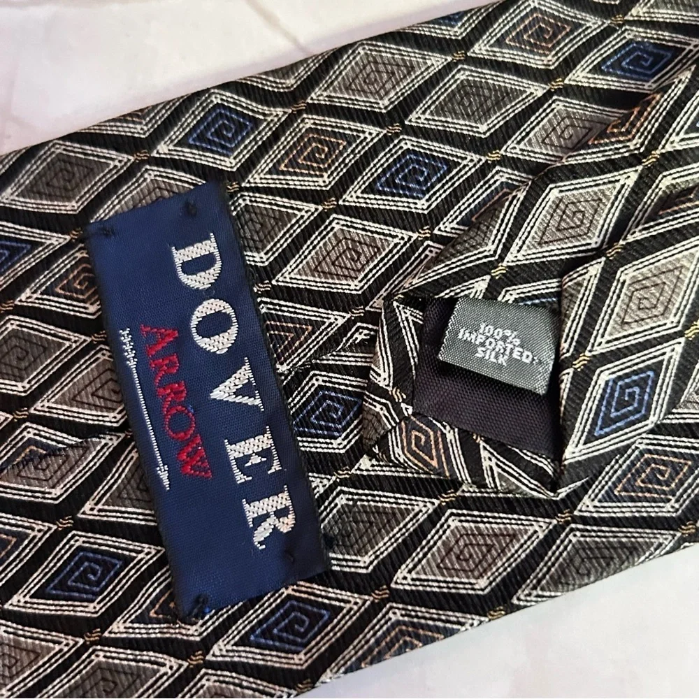 Dover Arrow Silk Diamond Patterned Black, Gray, and Blue 56” Tie